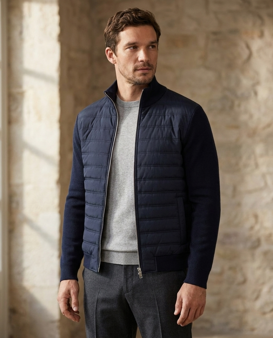 Men’s Quilted Funnel-Neck Jacket worn by a model — Hale & Venn