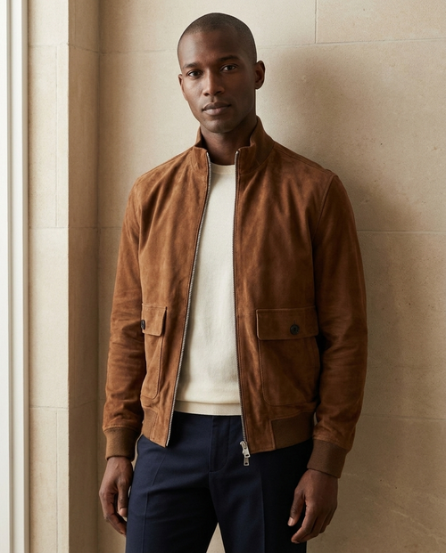 Men’s Funnel-Neck Bomber Jacket worn by a model — Hale & Venn